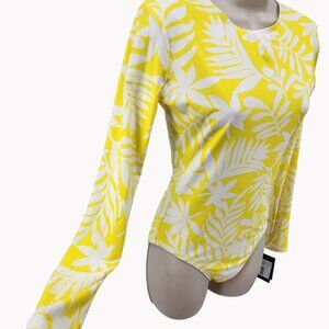 Kate Spade Size M Yellow White Leaf Print Long Sleeve Bodysuit New $148